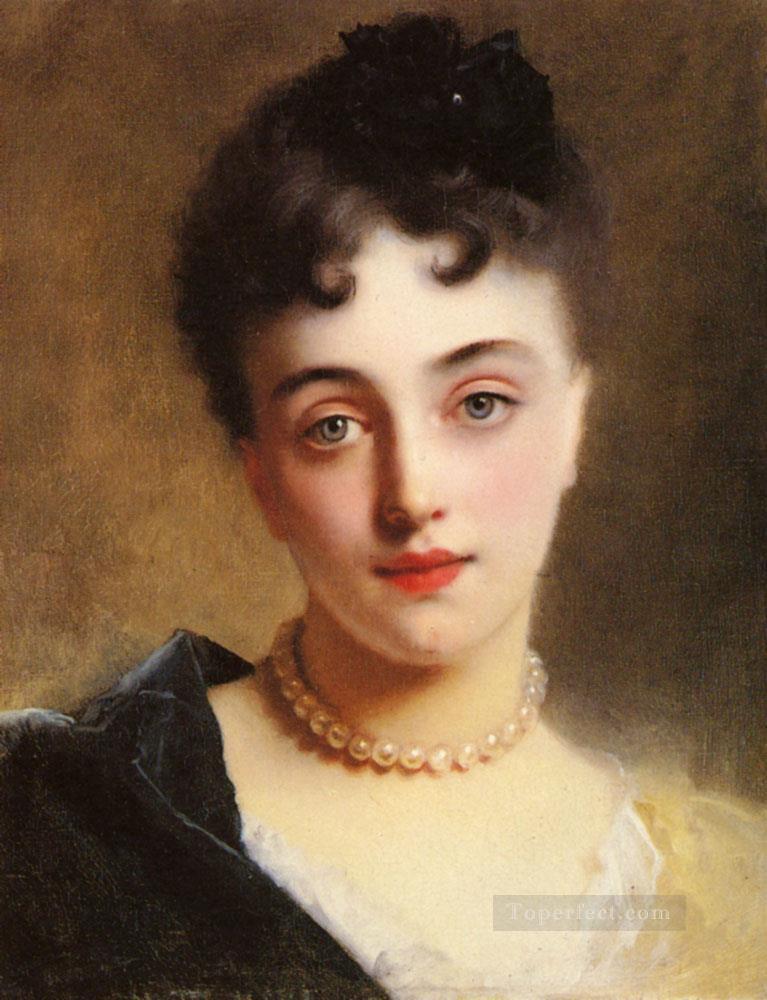 Una dama elegante con perlas retrato de dama Gustave Jean Jacquet Pintura al óleo